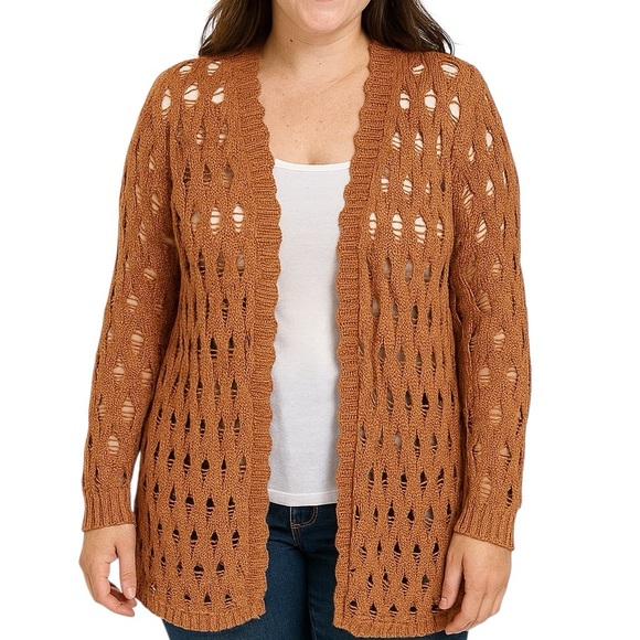 Daytrip Large Orange Boho Crochet Lace Open Front Cardigan Fall Layering Casual - Picture 1 of 8